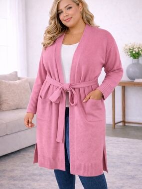 G by Giuliana Pink Belted Cardigan Sweater XLP Plus Size Side Slit Pockets